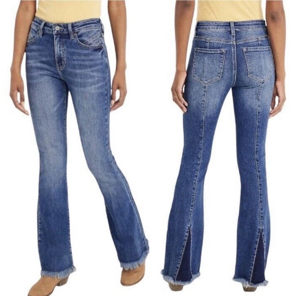 KanCan High Rise Flare Jeans Plus Size 16 Back Seam Frayed Hem Dark Wash Stretch